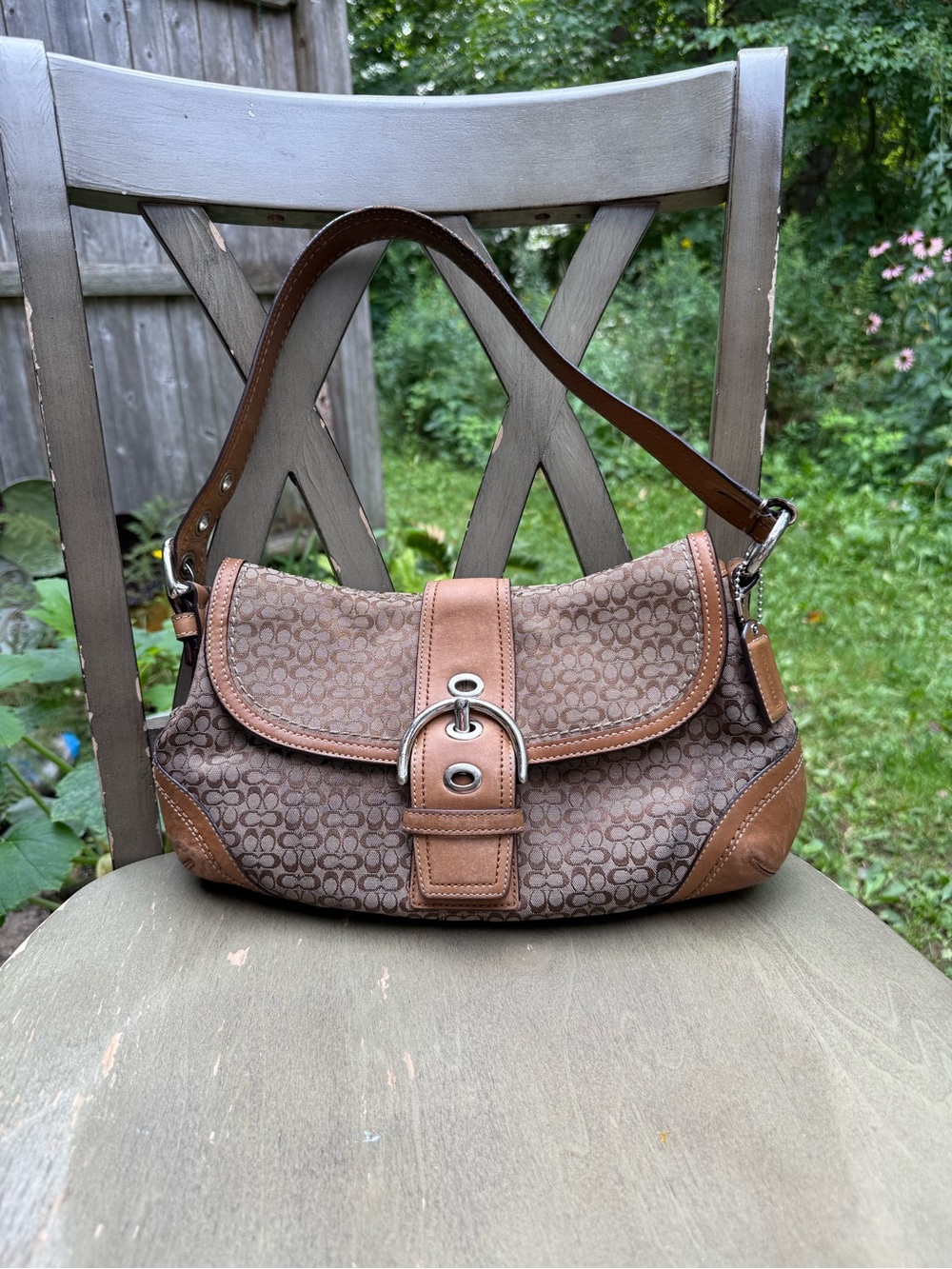 Coach F10926 Monogram Shoulder Bag with Leather Trim and Silver Hardware